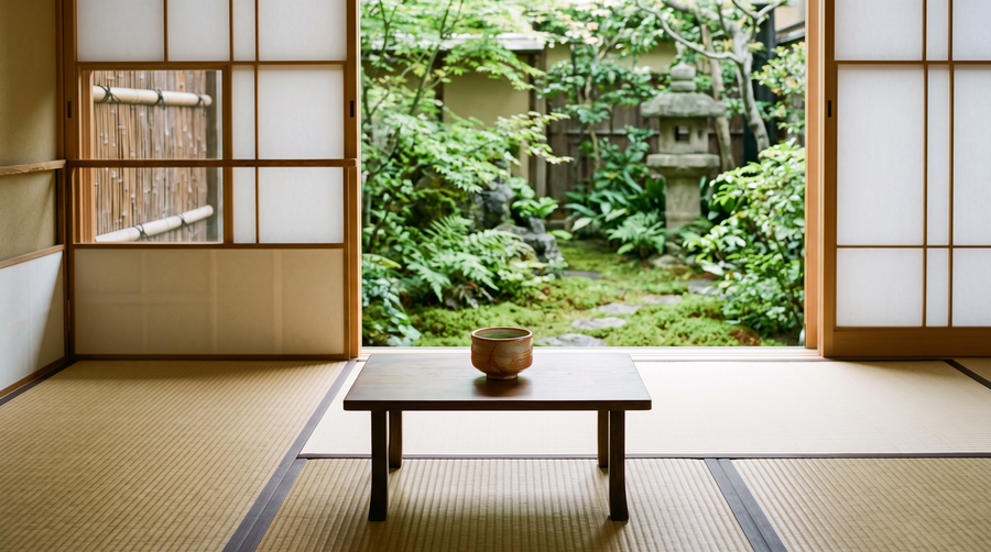 A quiet Japanese tatami room in morning light