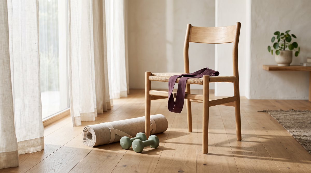 A wooden chair, light dumbbells and an exercise mat in a bright living room