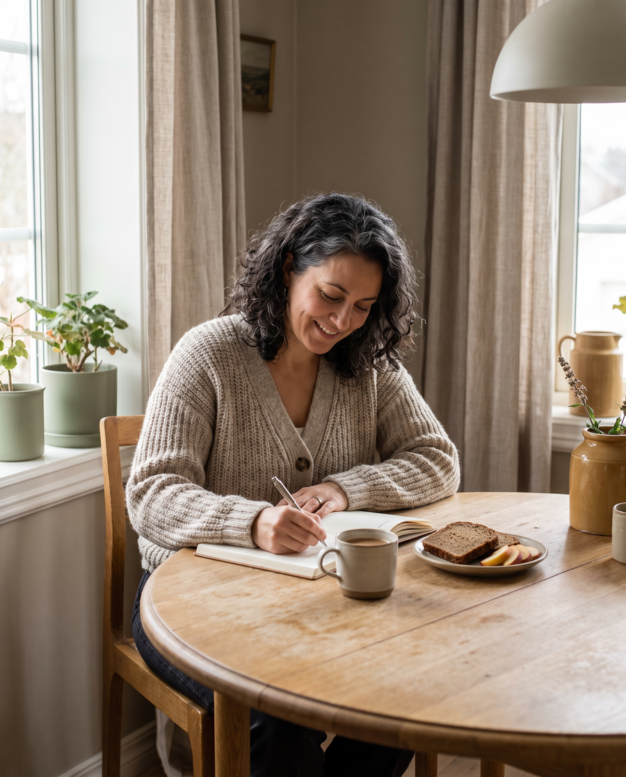 Woman in her fifties writing in a notebook at the breakfast table