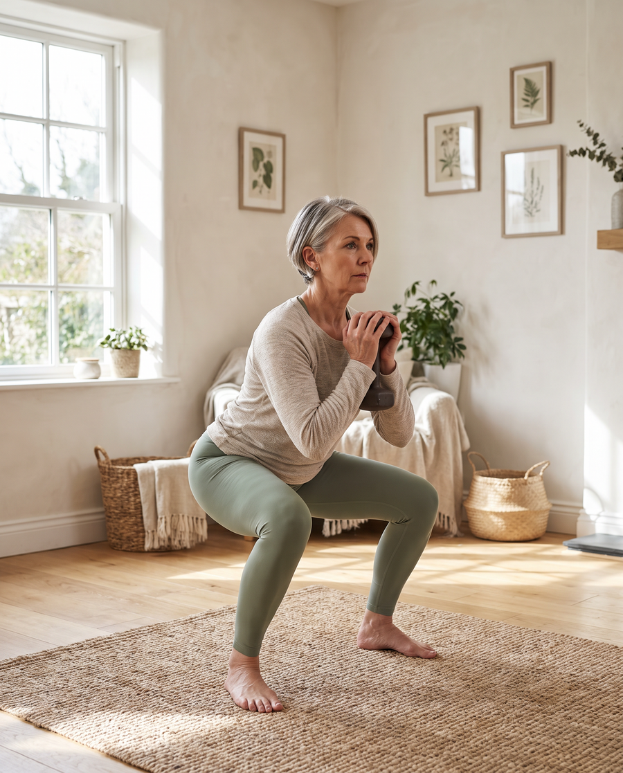 Woman in her late fifties doing a squat with a light dumbbell at home