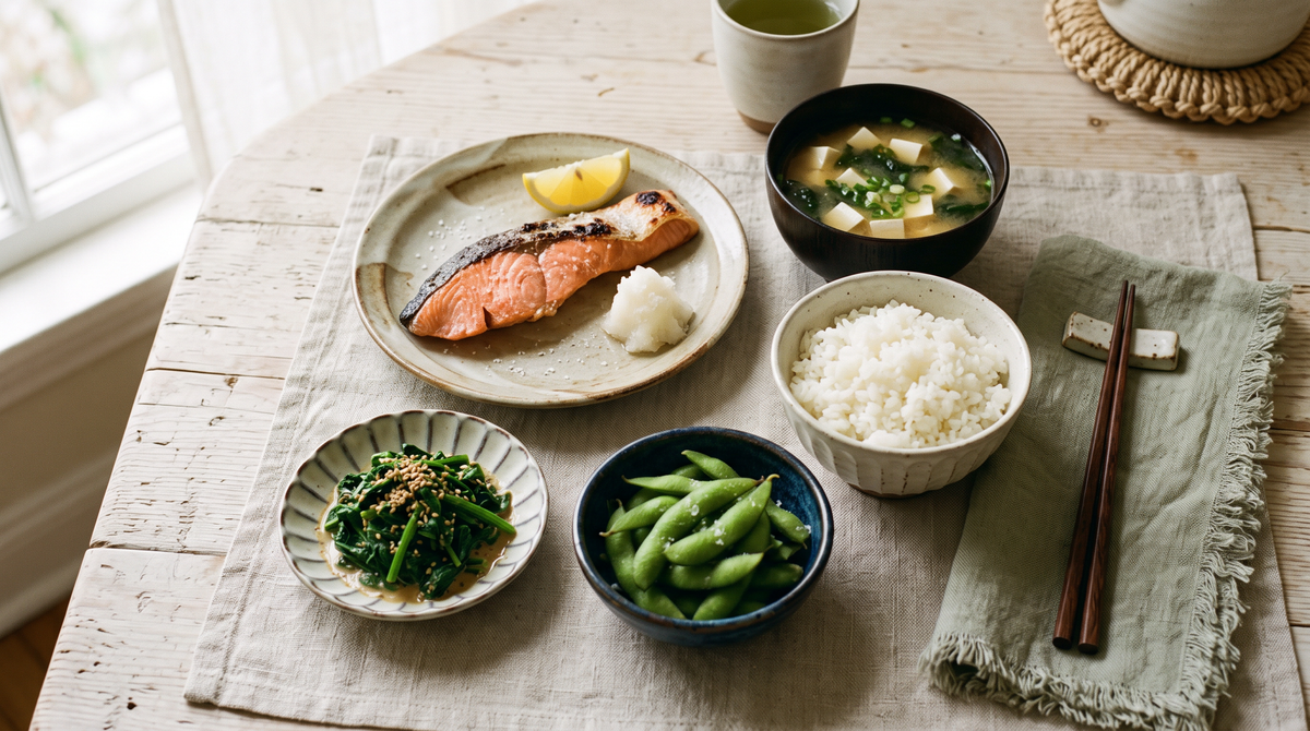 A Japanese home meal with grilled salmon, miso soup, rice and vegetables