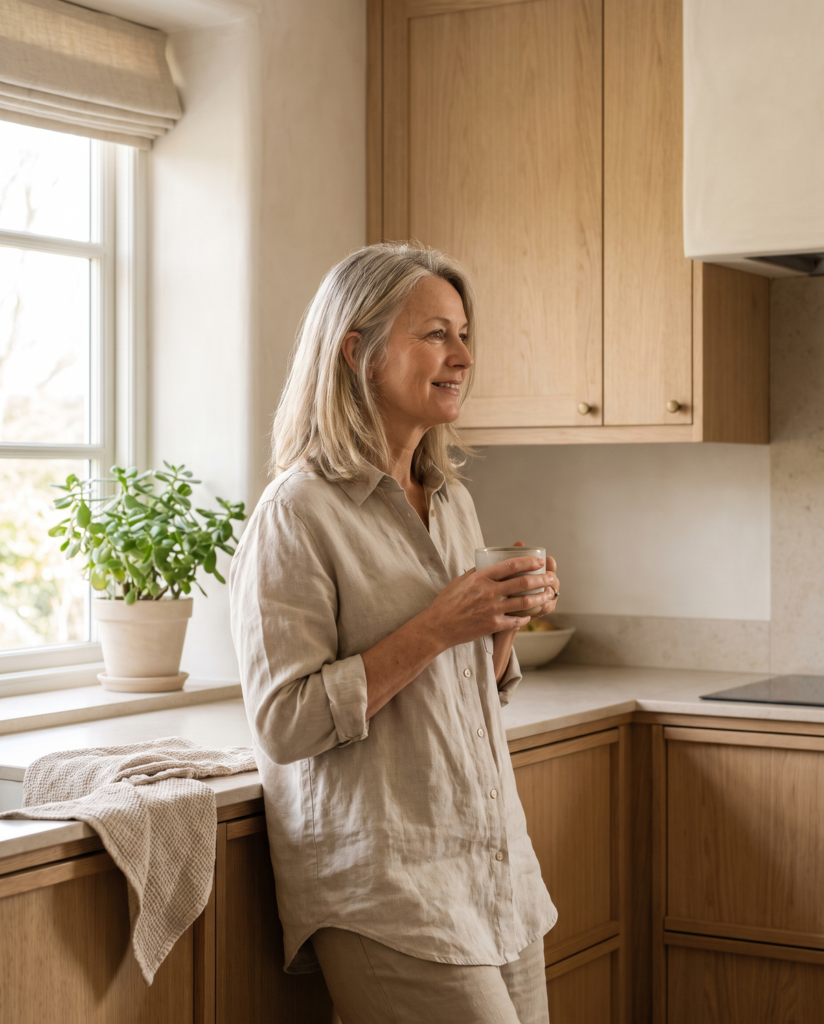 Woman in her fifties with a cup of tea at a kitchen window in morning light