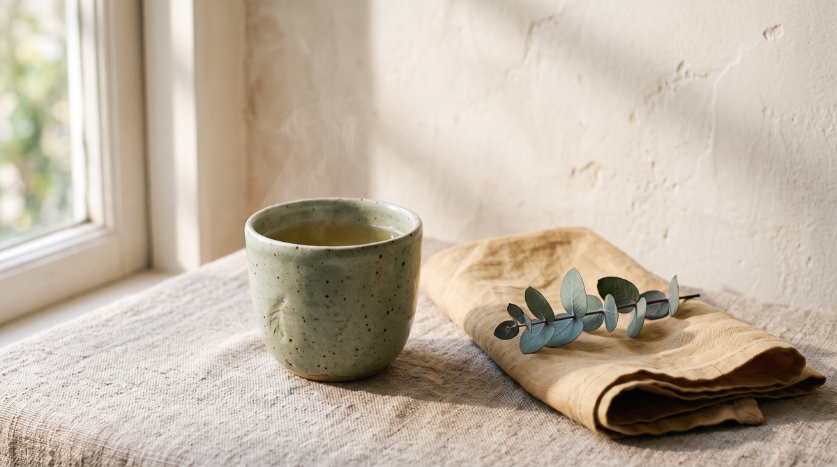 A cup of green tea on linen in morning light